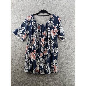 SJS Floral Print Navy Tunic Top With Lace Trim Sleeves Size 1X